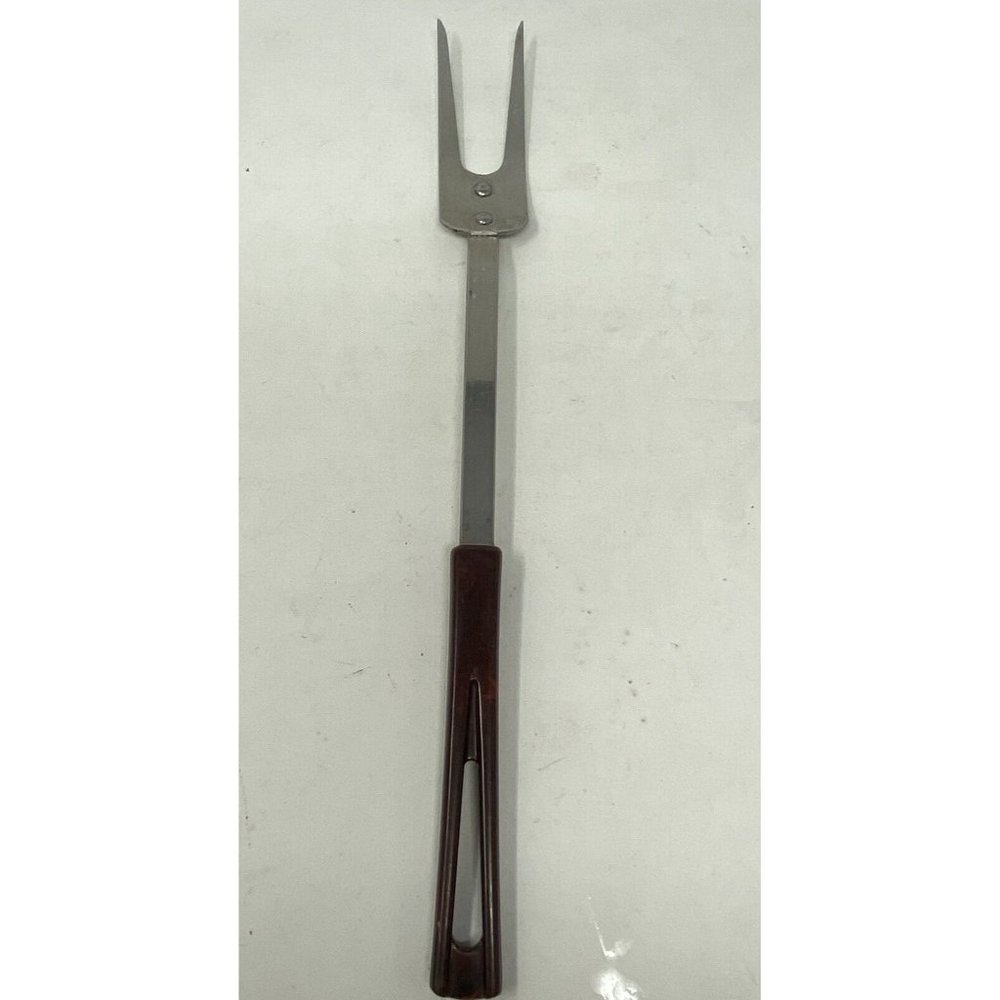 Vintage Stanhome Stainless Cooking Meat Fork With Brown Plastic Handle